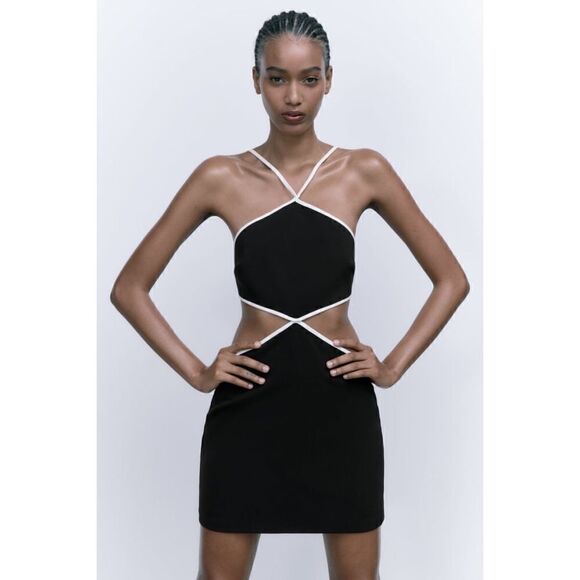 NWT Zara Black & White Contrast Piping Halter Cut Out Mini Dress, Size XS - Picture 8 of 15